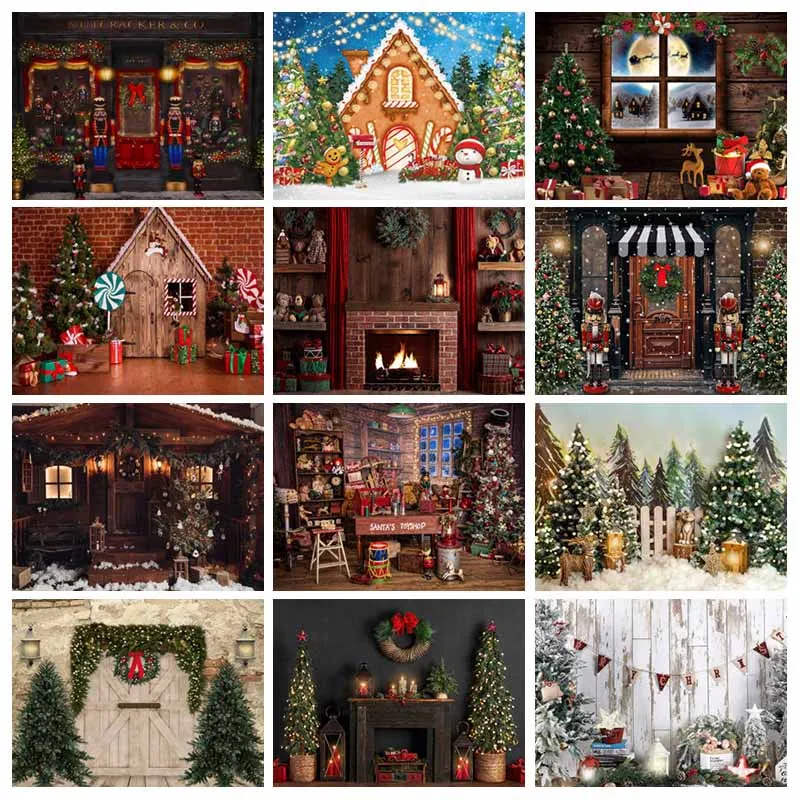 

Winter Christmas Photography Backdrop Toy Shop Fireplace Trees Wood Photo Background Studio Kids Baby Portrait Shoot Decor Props