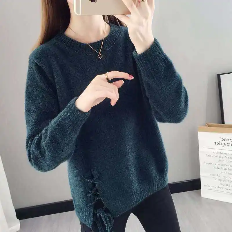 

Women's Sweater New Spring and Autumn Clothing Loose Outer Wear Top Korean Style Mink-like Wool Knit Low Waist Jersey
