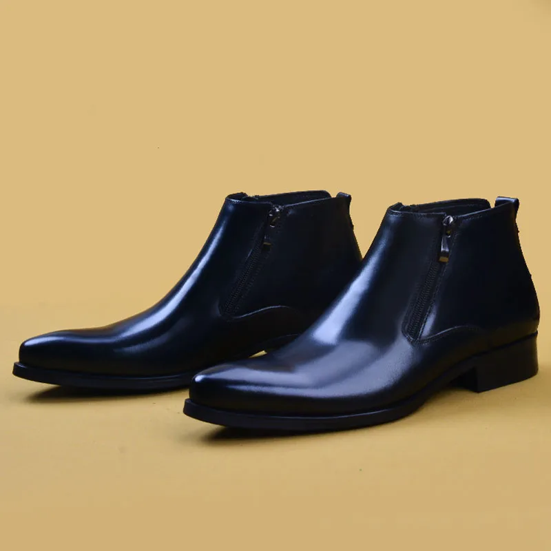 

Men Winter Boots Genuine Leather Chelsea Boots Zipper Ankle Boots for Men High Top Dress Formal Wedding Party Shoes For Men A004