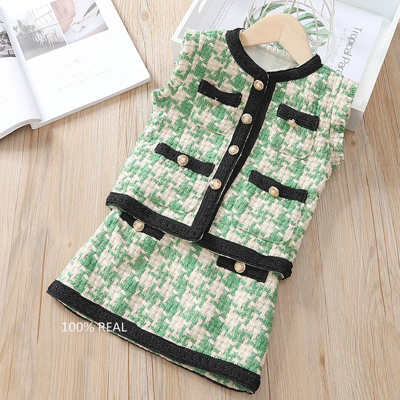 2019 г. Комплект одежды для маленьких девочек вязаный жилет + юбка костюм