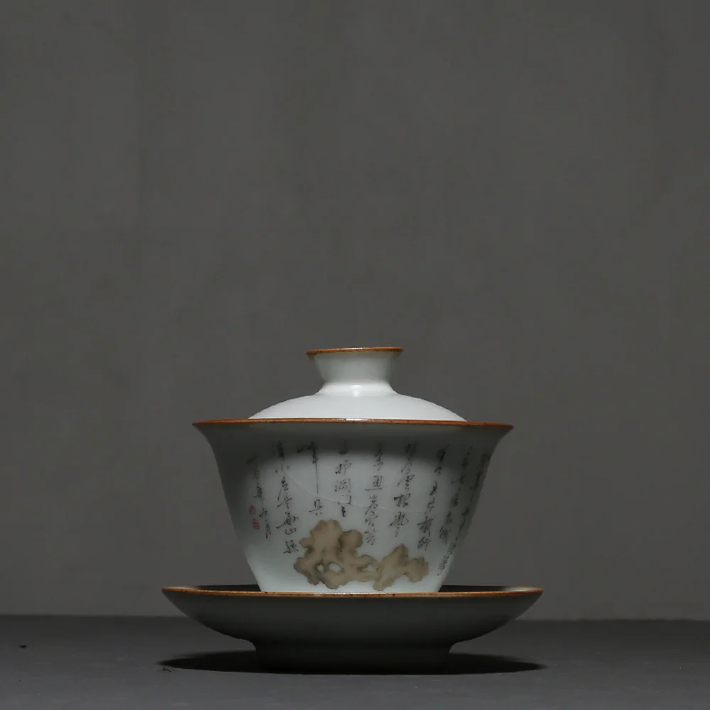 130ml Vintage Ru Kiln Porcelain Gaiwan Ceramic Bowl with Lid Chinese Kung Fu Tea Tureen Drinkware Tea Cup Tea Pot Master Cup Art