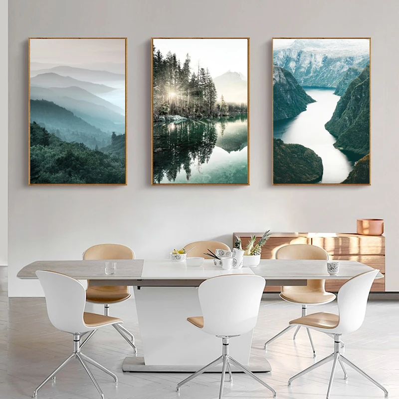 

Lakes and Mountains Landscape Canvas Painting Forest Scenery Poster and Prints Wall Art Picture for Living Room Hotel Home Decor