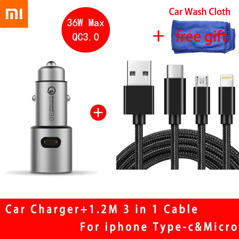 36w Charger 3in1 Оригинальное автомобильное зарядное устройство для Xiaomi 18 W Quick Charge mi металлический корпус Dual USB для мобильного iPhone samsung huawei Xiao mi Tablet быстрая зарядка - Тип штекера: 36w Charger 3in1