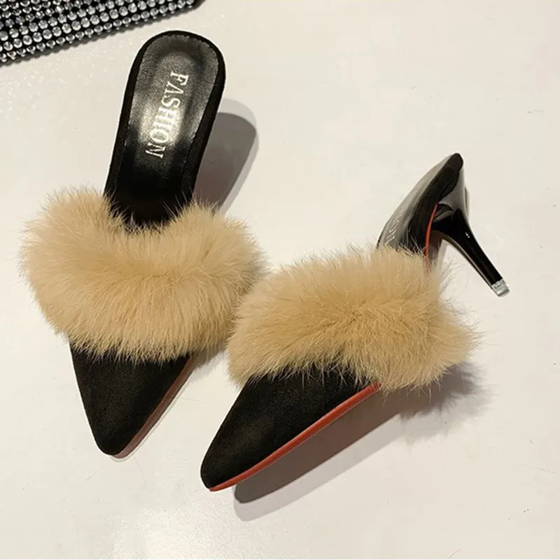 

2021 Autumn New Ladies Pointed Stiletto Heel Hairy Toe Half-drag Fashionable High-heeled Slippers Sandals Large Size Women Shoes