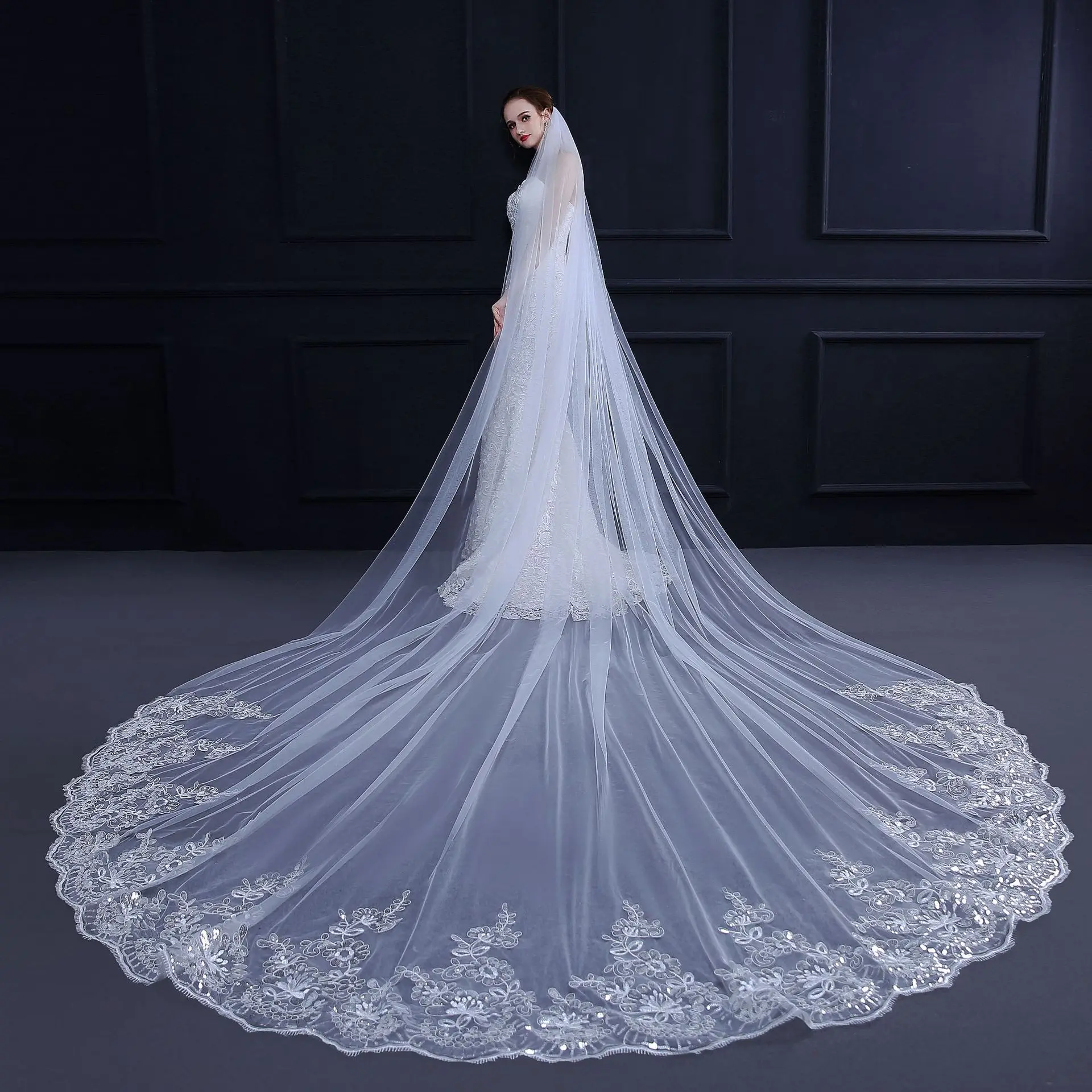 

Popodion Wedding Accessories 4 Meters Wedding Veil Long Veil Sequin Lace Bridal Veils Bridal Headwear WAS10212