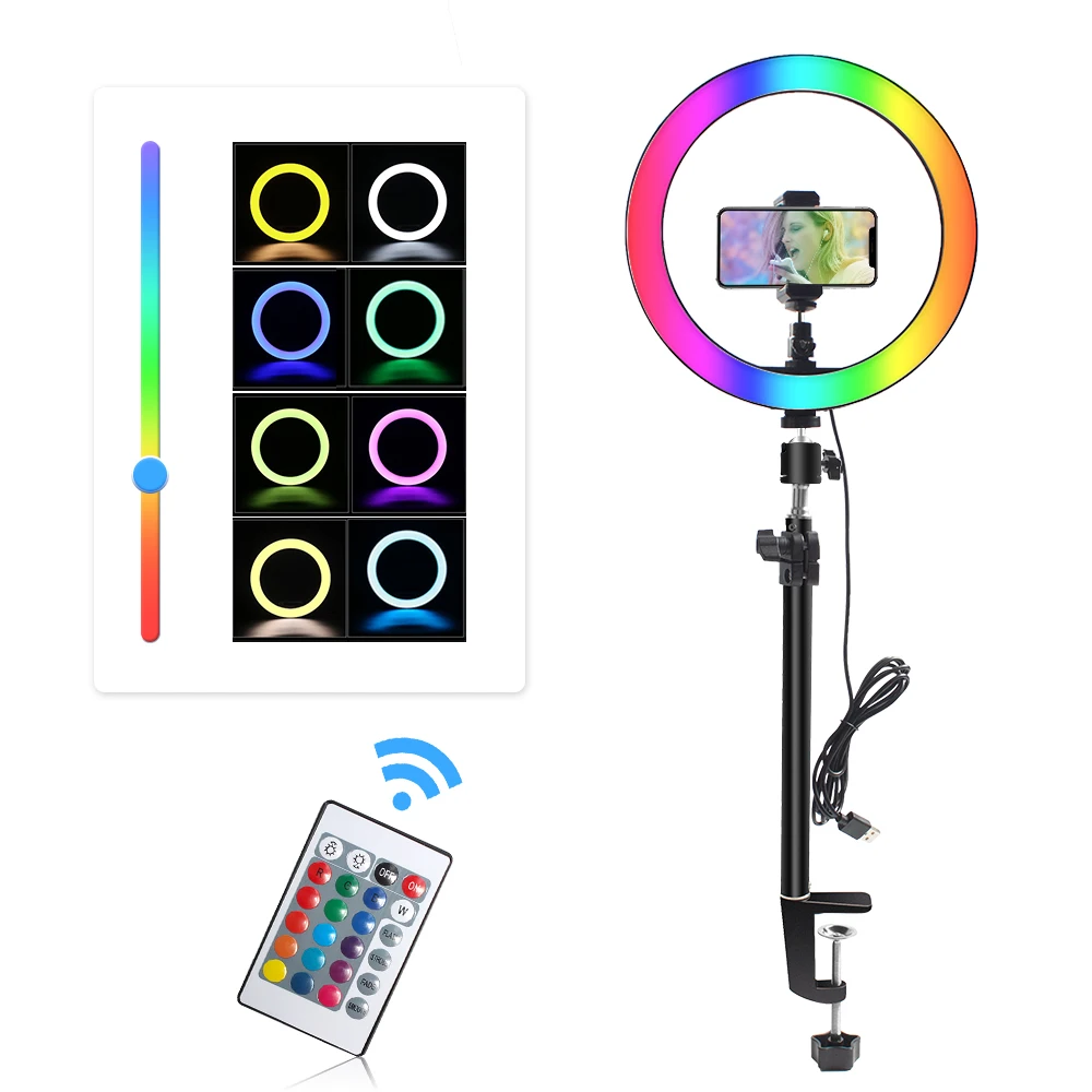 

Цветной СВЕТОДИОДНЫЙ кольцевой светильник RGB для селфи с подставкой, 15 цветов, кольцевой светильник со штативом и держателем для телефона д...