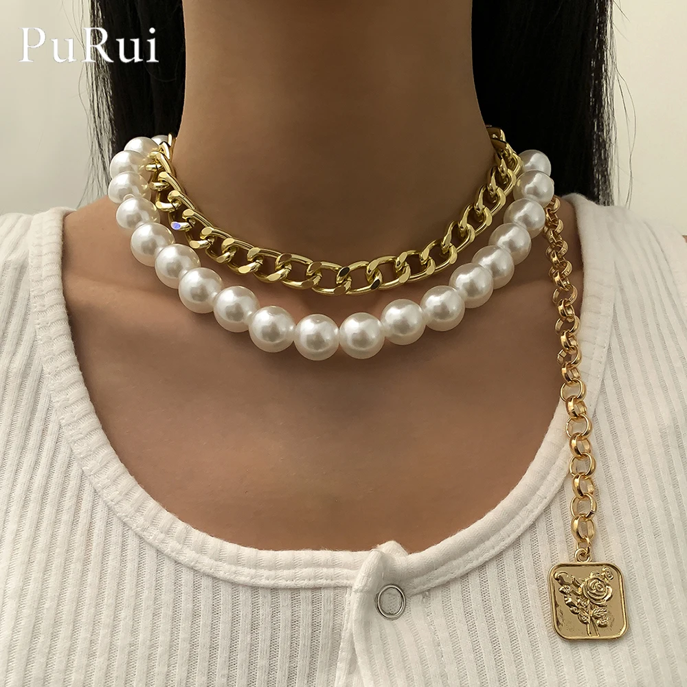 

Punk Multi Layered Pearl Choker Necklace Collar Statement Rose Carving Pendant Chunky Link Chains Choker Necklace Women Jewelry