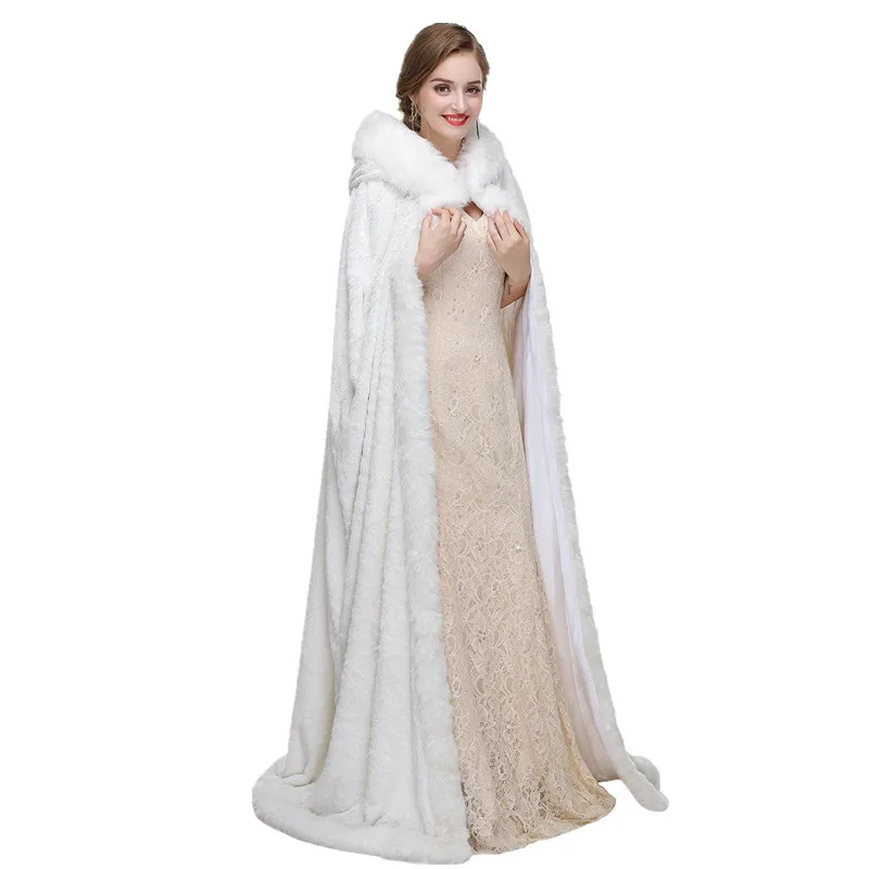Длинная накидка из искусственного меха белая свадебная с капюшоном для невесты