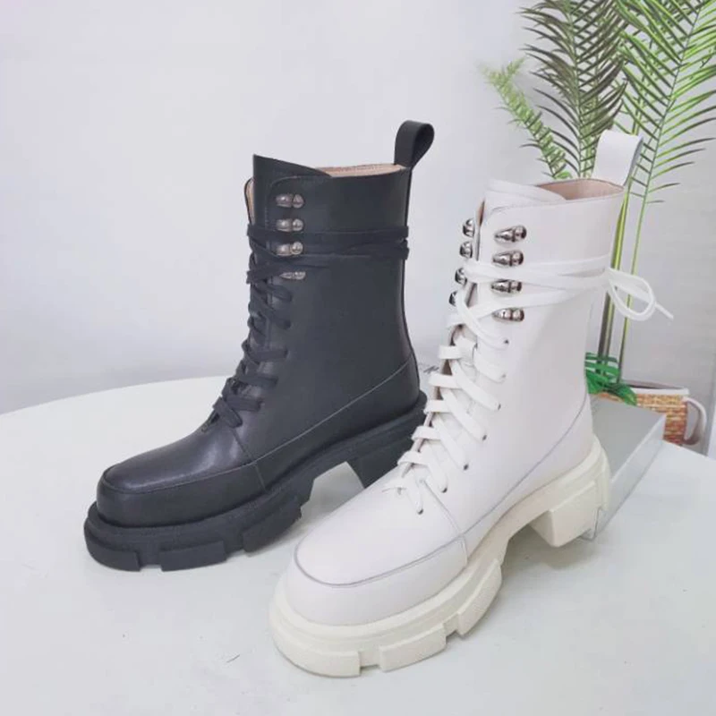 

Women Short Boots Real Leather Corss Strap Platform Shoes Woman 2021 High Heel Winter Office Lady Footwear Size 34-39
