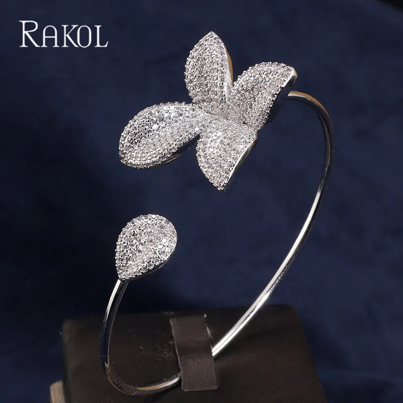 RAKOL New Fasjopm Butterfly Shaped Cubic Zirconia Big Flower Bracelet&ampBangle For Women Wedding White Gold Color Bridal Jewelry |