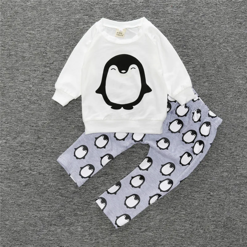 Детский комплект одежды для девочек и мальчиков, Ropa de bebe, костюм из 3 предметов, Топы+ штаны+ повязка на голову, милый комплект одежды с рисунком пингвина для маленьких девочек