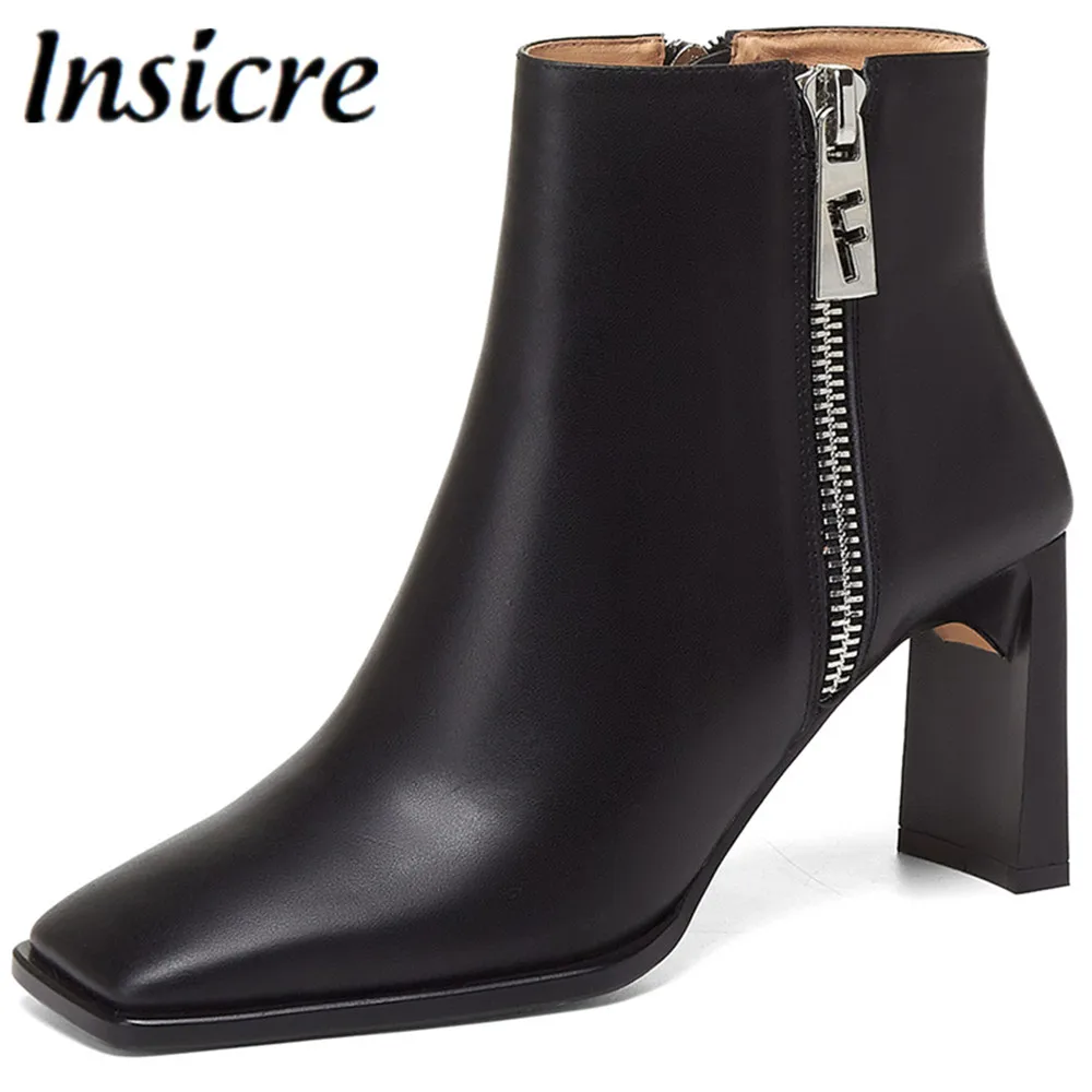

Insicre Fashion Square Toe Zipper Autumn Winter Ankle Boots Ladies High Heel Top Quality Genuine Leather Party Wild Casual Shoes