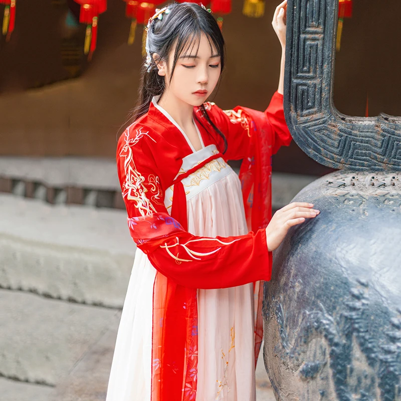 Женский Классический танцевальный костюм Hanfu с красной вышивкой фольклорное