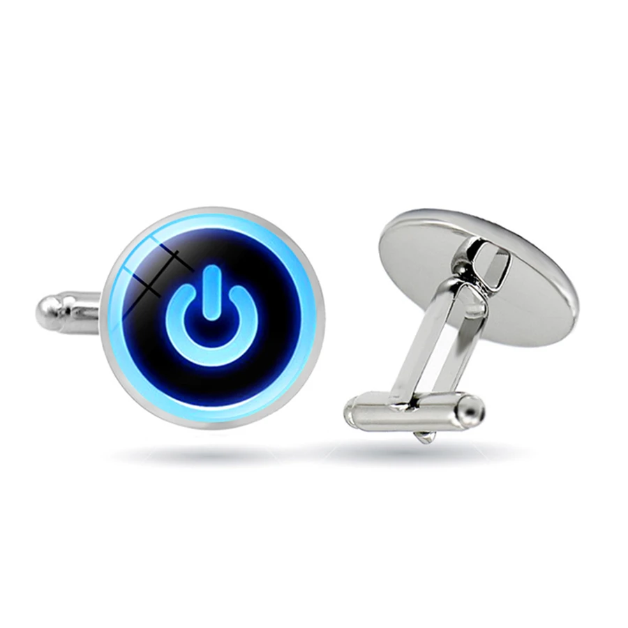Кнопка питания запонки-компьютеры символ Синяя кнопка переключатель запонки Tech