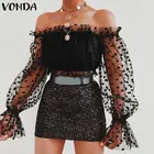 Женские сетчатые Топы Для летних вечеринок клубный кроп-топ VONDA 2021 сексуальное платье с открытыми плечами, кружевное платье в стиле пэчворк кружевная блузка размера плюс Туника Рубашки 5XL