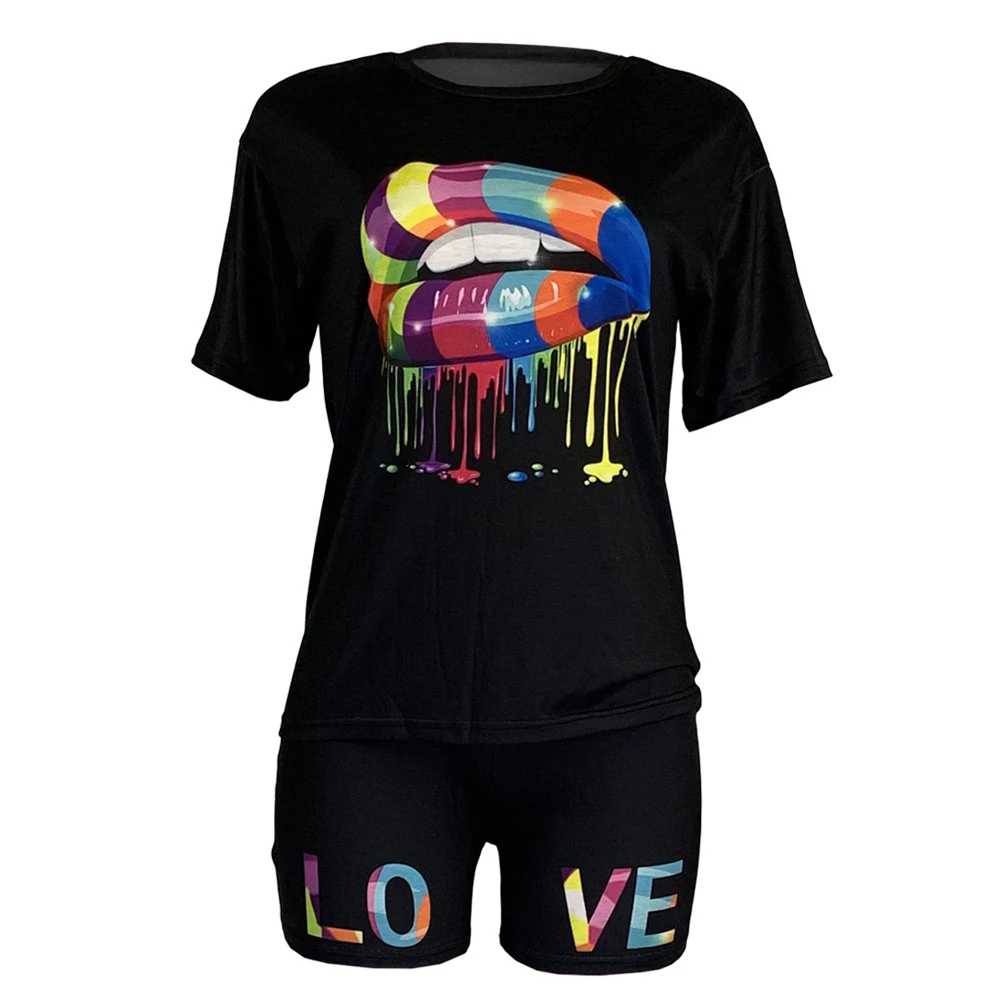 

Women's Cropped Top High-Waist Pants Short Sleeve Round Neck Elastic Lip Printed Summer Suit Homewear Streetwear Tracksuit Sport