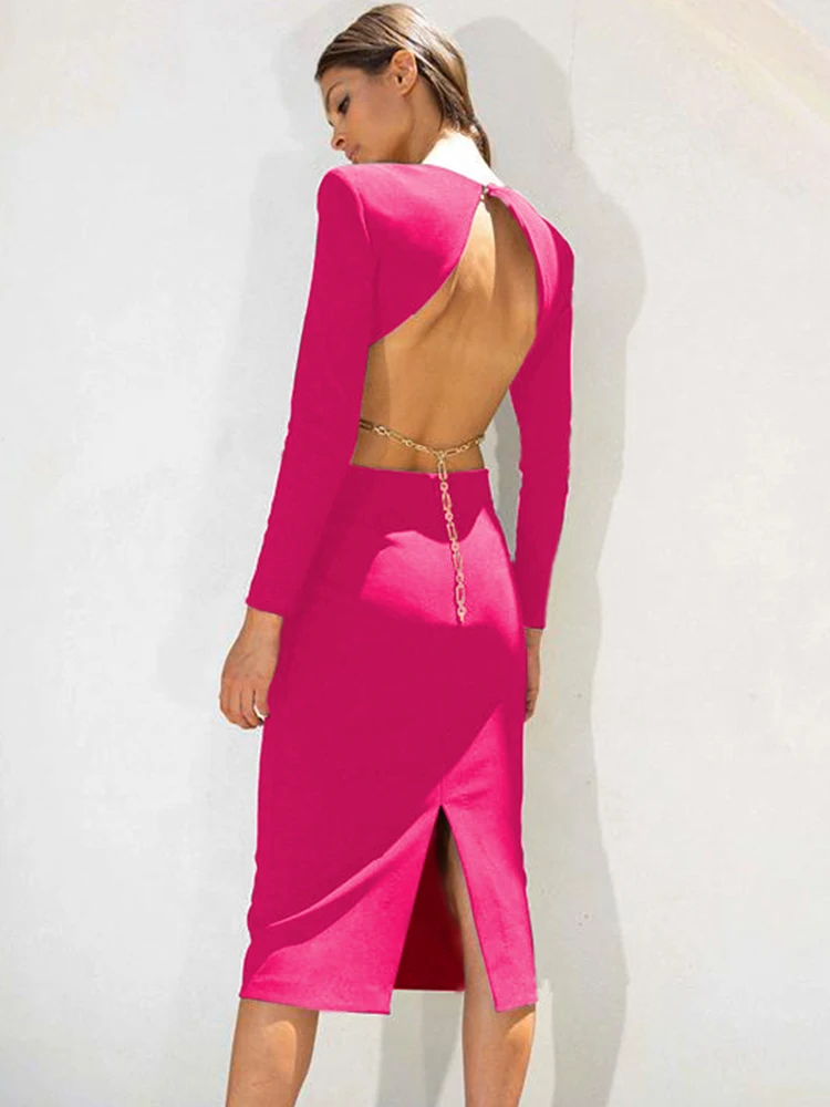Розовое Бандажное платье с открытой спиной для нового года 2022 женское облегающее