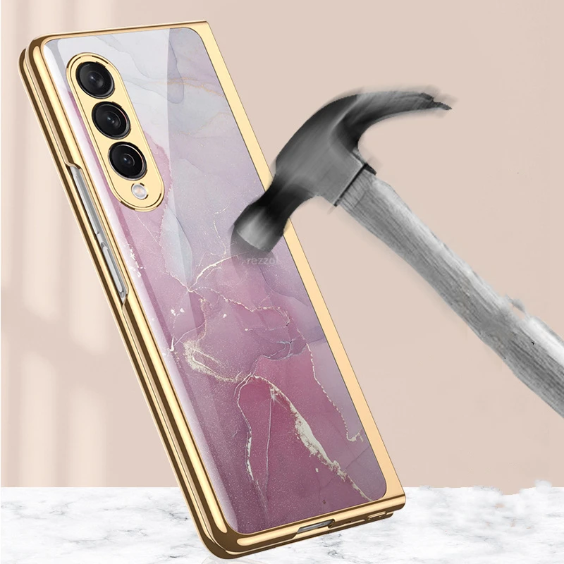 marble patterned glass case for samsung galaxy z fold 3 phone case luxury plating frame hard back protective cover for z fold 2 free global shipping
