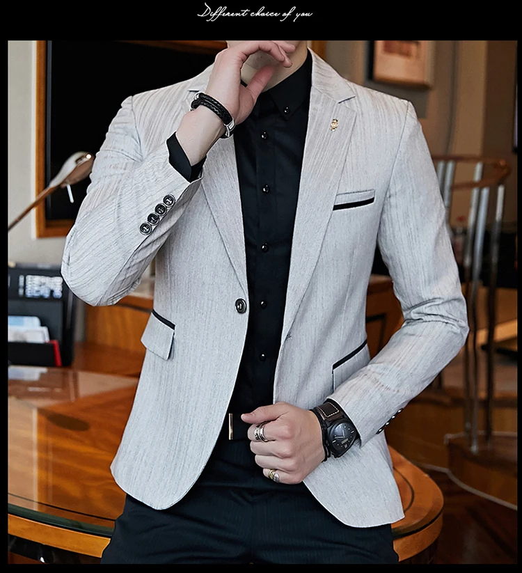 Плюс размер 5XL мужской тонкий костюм куртка Masculino черный серый однокнопочный деловой мужской костюм куртка Ретро полосы мужской бренд блейзер