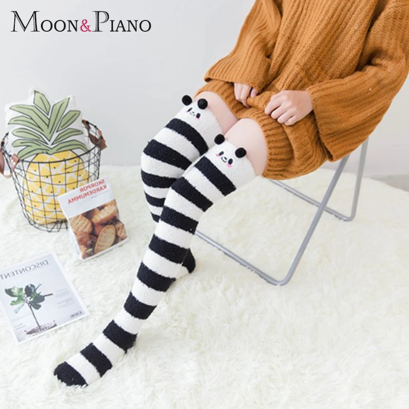 Женские зимние теплые хлопковые чулки кораллового цвета полосатые длинные до