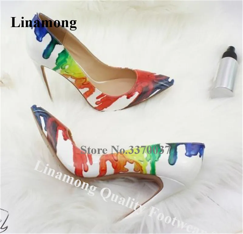 

Linamong Desinger Pointed Toe Colorful Ink Printing Stiletto Heel Pumps White Mixed-colors High Heels Dress Shoes Big Size 45