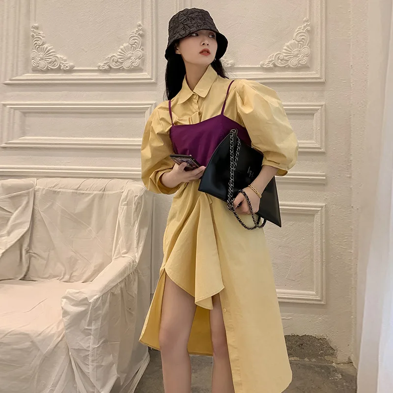 

Purple Camisole and Shirt Dresses 2 Piece Set Women Summer Dress 2020 Midi Dress Elegant Vintage Puff Sleeve High Waist Dresses