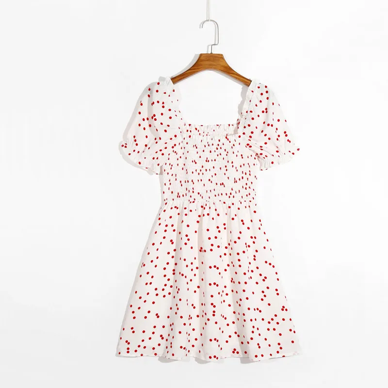 

Summer women's dress casual polka dot printed square neck short sleeve slim dress Vestidos