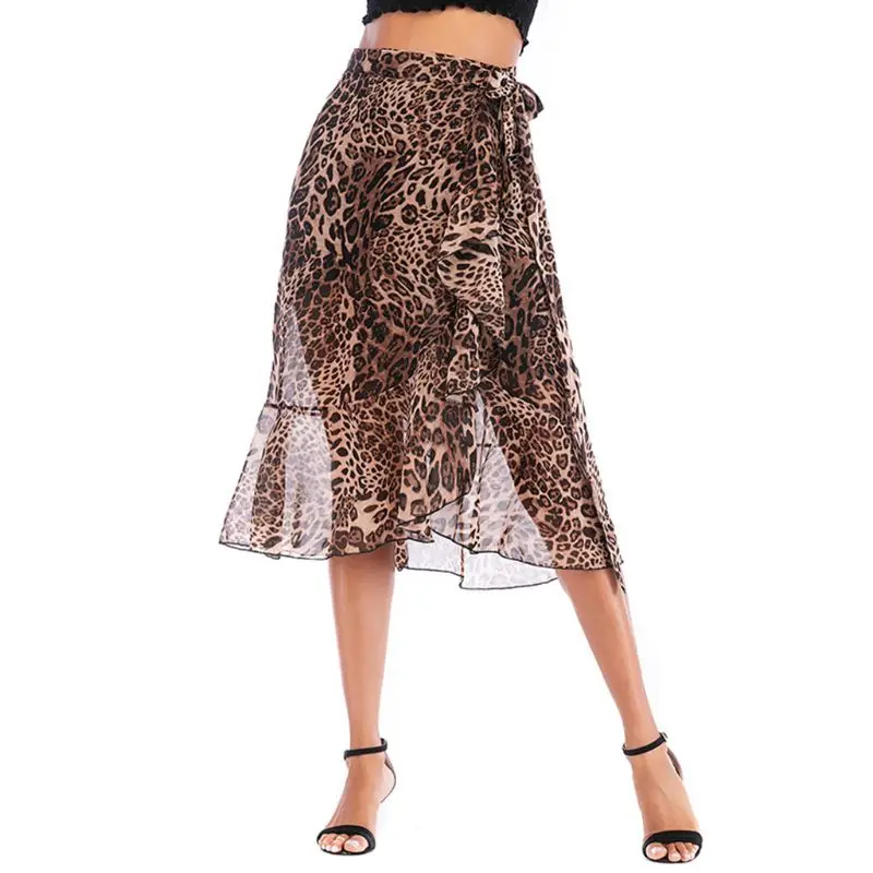 

Women Summer Layered Chiffon Leopard Print Asymmetric Midi Skirt Ruffles A-Line Self-Tie Bandage High Waist Club Party Beachwear