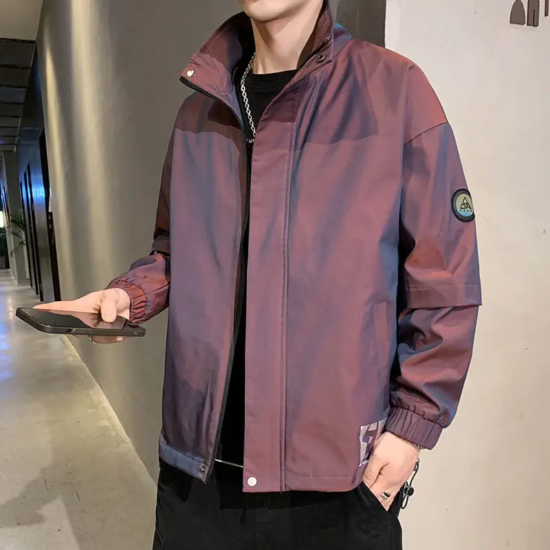 

E-BAIHUI Gradient Men's Jacket Letter Print Cargo Hip Hop Fashion Coat Casual Loose Solid Bomber Windbreaker Handsome Streetwear