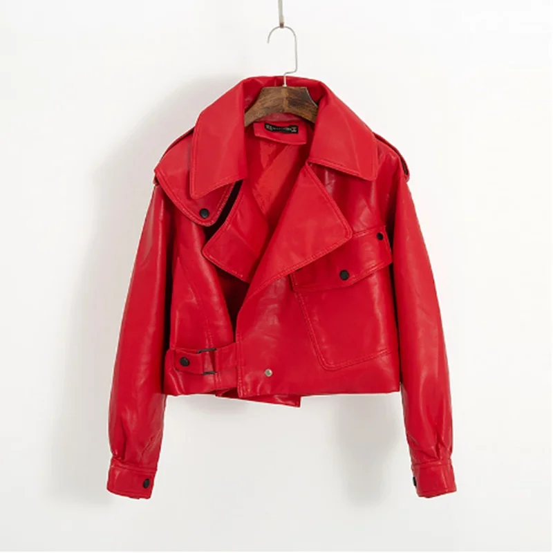 Куртка женская из искусственной кожи, Модный Байкерский жакет с отложным воротником, свободная уличная одежда, красный белый черный от AliExpress RU&CIS NEW