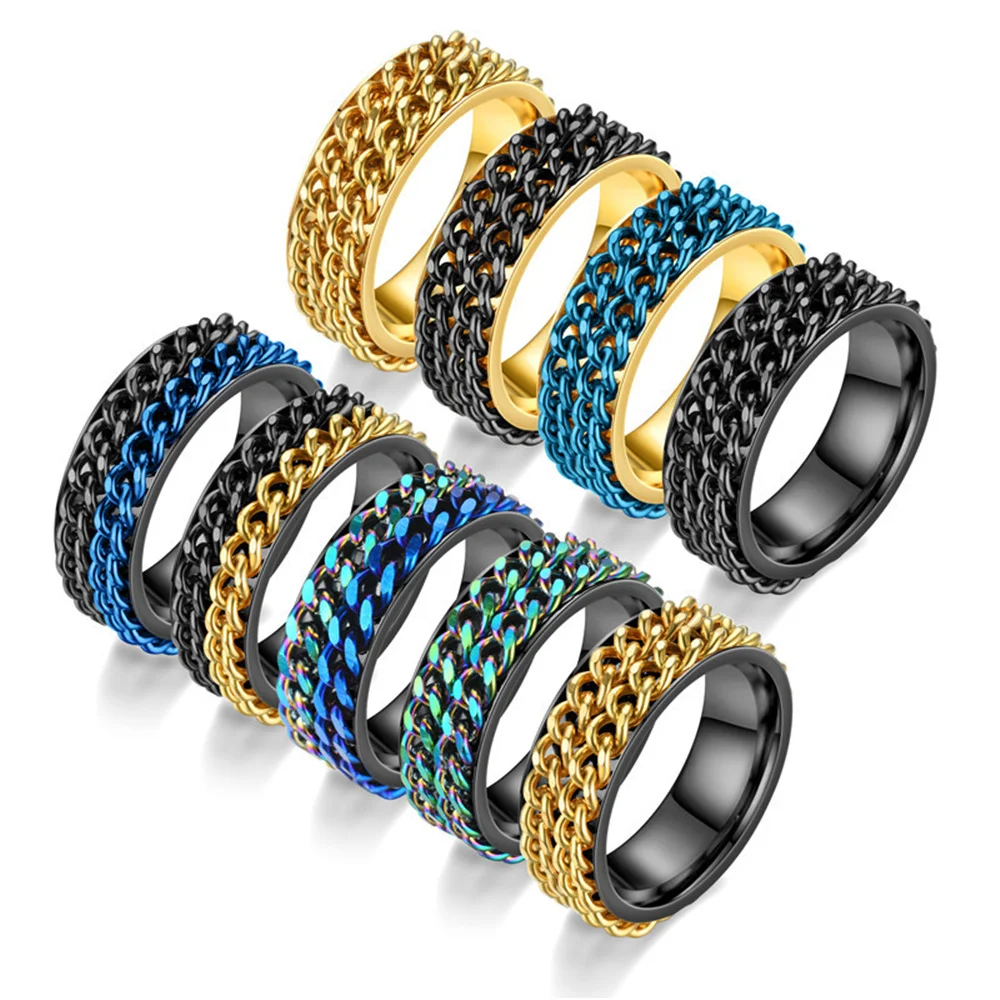 Купи Anxiety Fidget Spinner Rings for Men Women Stainless Steel Spinning Rotatable Cuban Chain Ring Punk Rock Anti Stress Jewelry за 211 рублей в магазине AliExpress