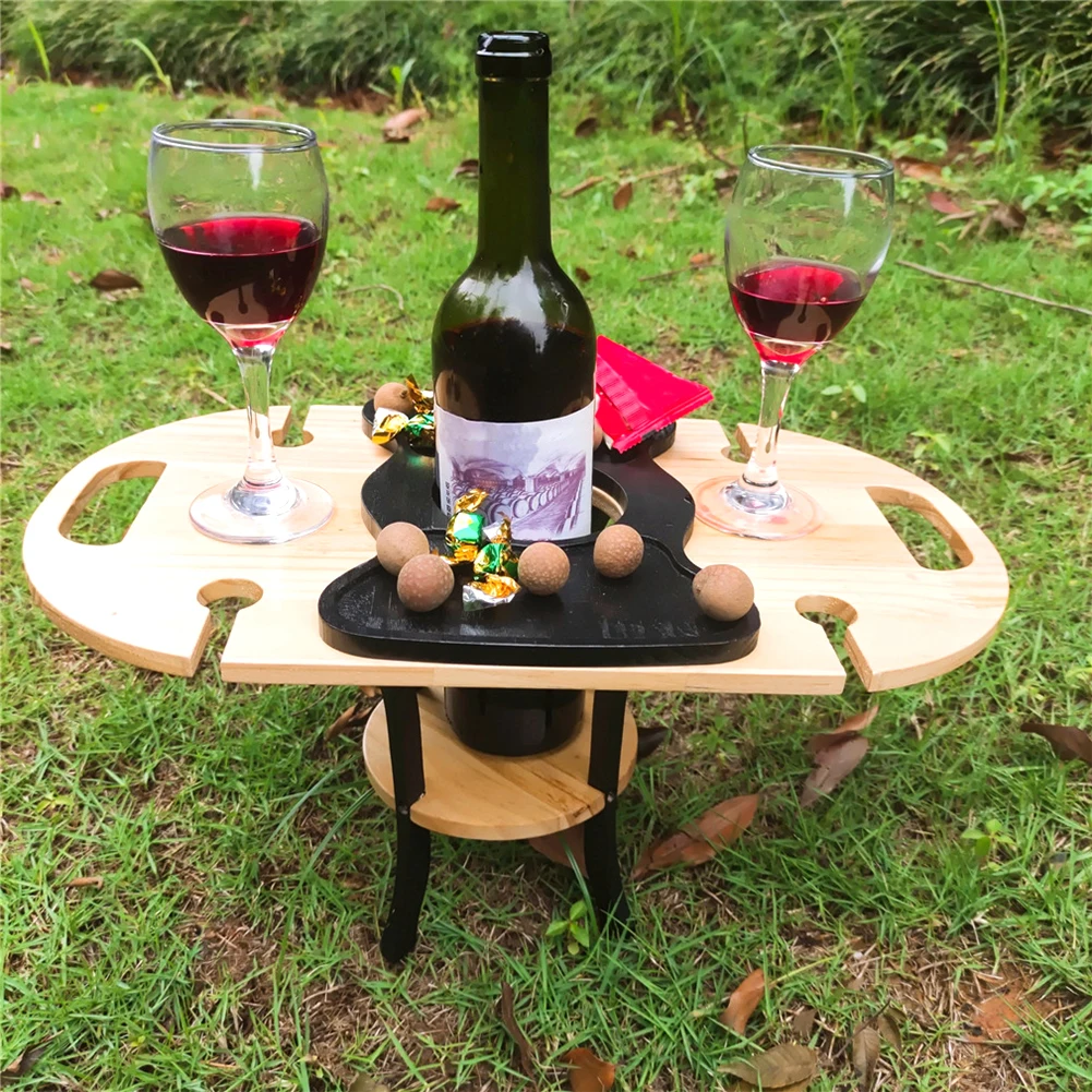 

Wooden Foldable Wine Table Stand Glass Holder Family Beach Party Travel Round Portable Outdoor Garden Desktop Camping Picnic