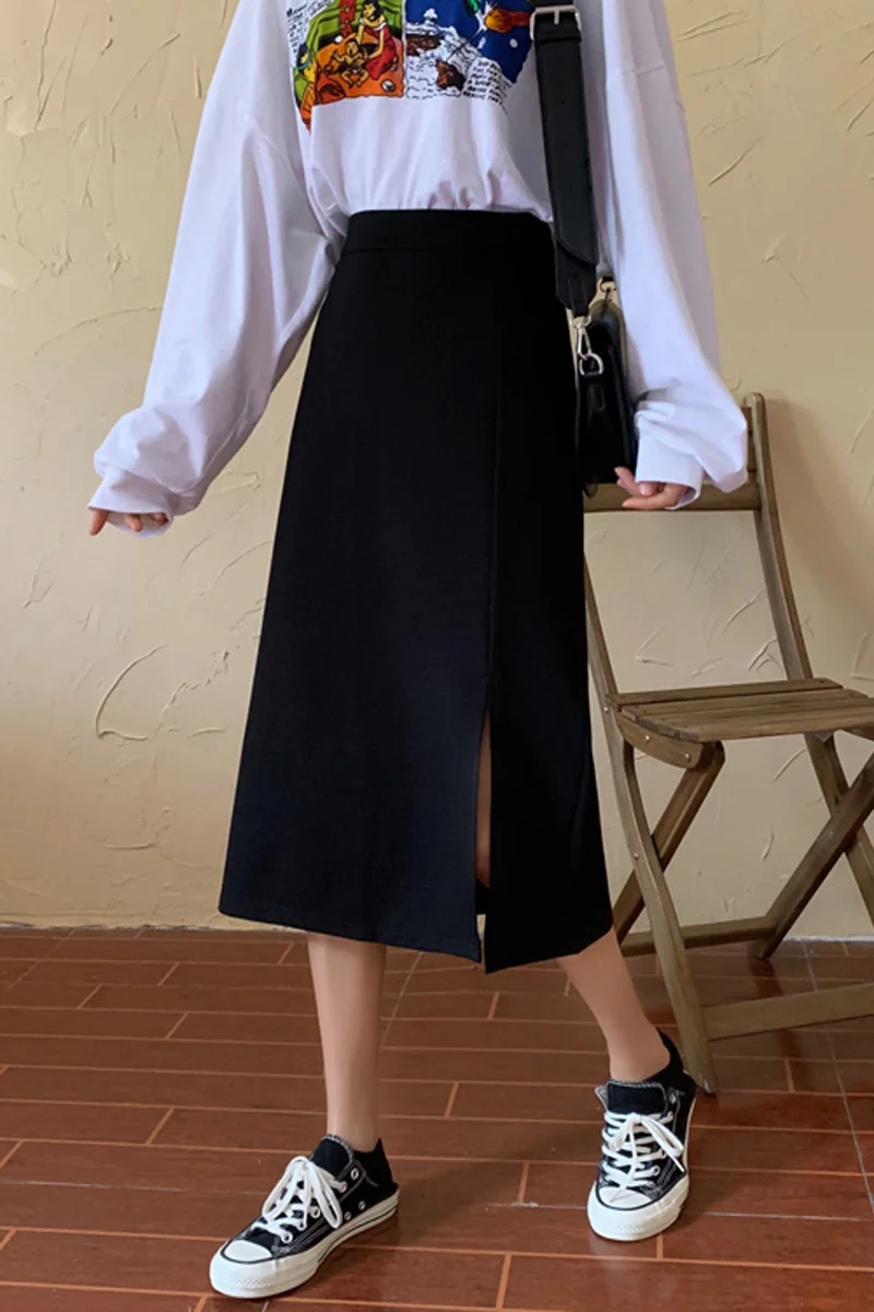 

Black slit skirt new 2021 spring women's high waist temperament mid-length A-line skirt