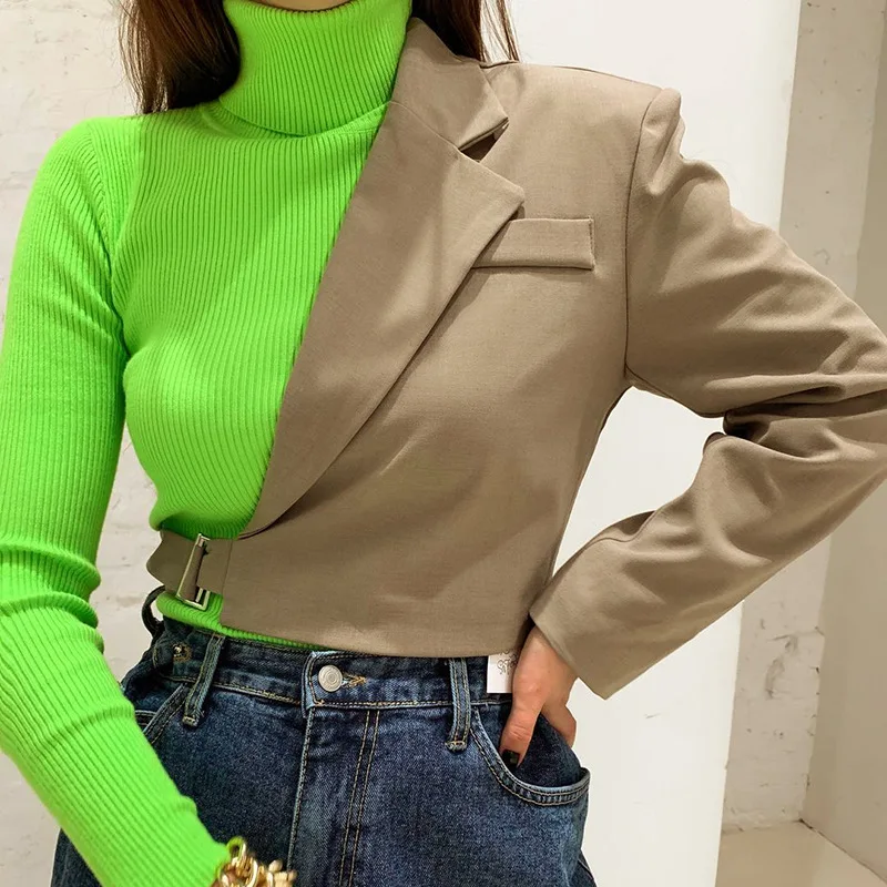 

Brown Single-Sleeved Suit 2022 Autumn Winter New Fashion Irregular Slim Top Sexy Women's Pocket Jacket African Casual Clothing