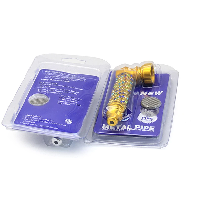 

Colorful Rhinestone Decorative Metal Tobacco Smoking Pipe With Round Stainless Steel Filter Screen Weeds Cigarette Filter Pipe