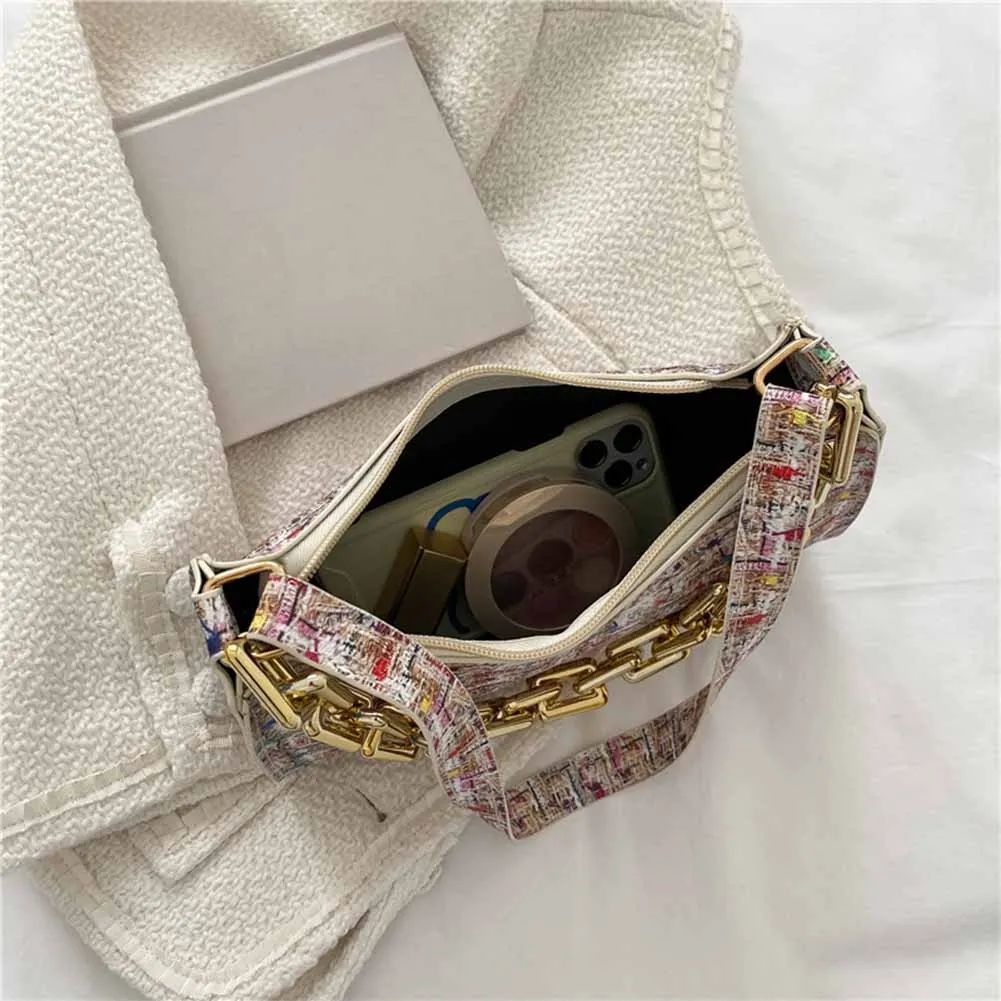 

All-Match Thick Chain Female Shoulder Bags Small Plaid Printing Armpit Bags Women PU Leather Soft Subaxillary Bags