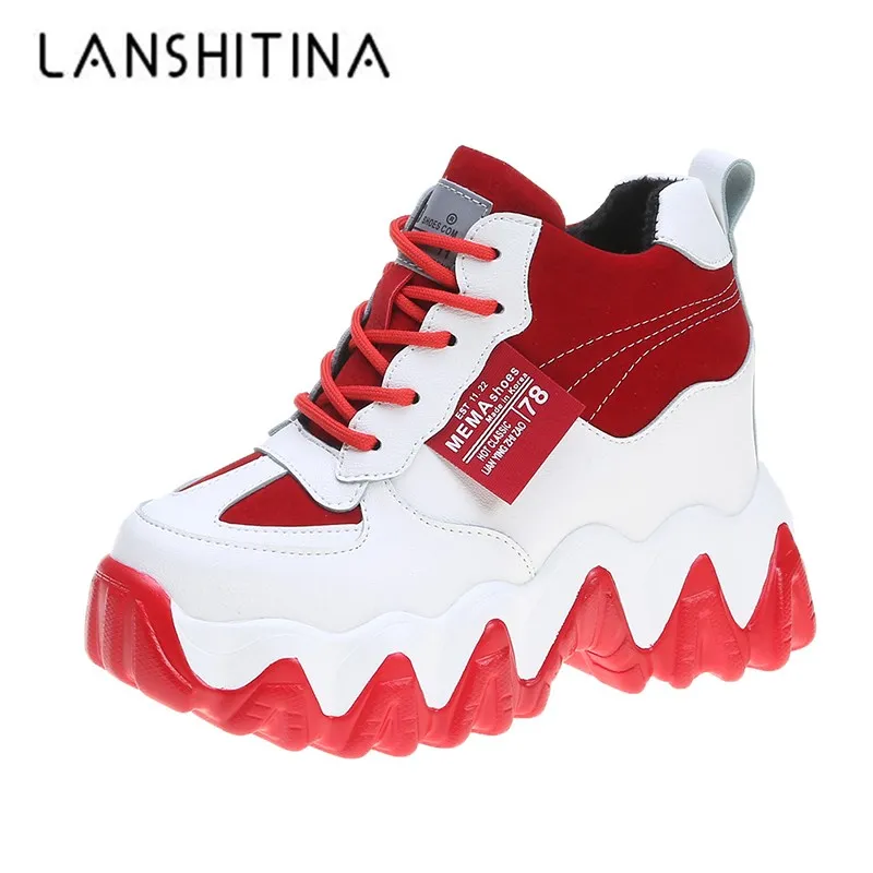 

Women Winter Sneakers 2020 High Platform Lace-up Casual Shoes Winter Keep Warm Fur Chunky Sneakers 10CM Wedge Heel Leather Shoes