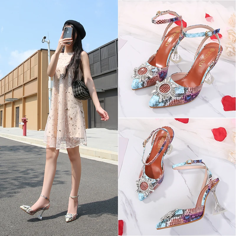 

New pointed ankle strap sexy party shoes women transparent crystal cup high heel sandals fashion printing snake shoes
