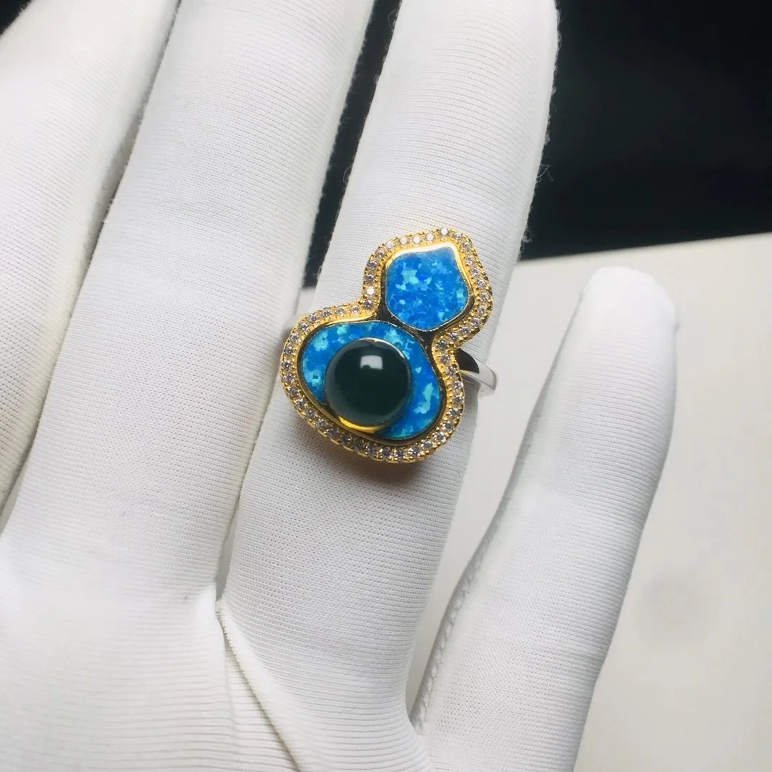 

Blue Amber Ring Natural Gemstones Mexico Blue Amber Gourd Round Bead Ring Fashion Trend Vintage Jewelry Women Wedding Party