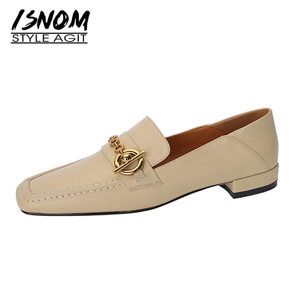 

ISNOM Fashion Casual Women Flats Square Toe Mules Loafers Metal Decor Female Shoes Genuine Leather Footwear New 2021