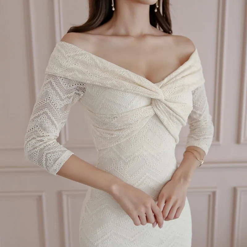 

2021 Summer Dress fashion sexy Women's Slash Neck Slim Sheath Pencil Bodycon lace Dresses Vestidos