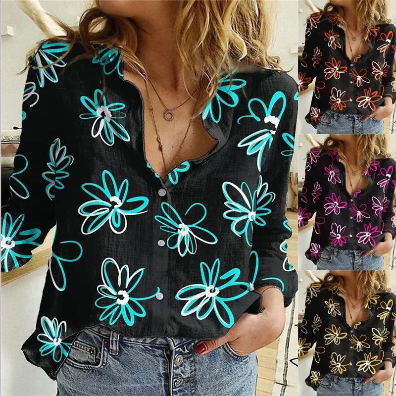

Fall 2022 Women Clothing Fashion Blouse Printing plaid Loose Casual Linen Long Sleeve Plus Size Shirt Office Lady Tops