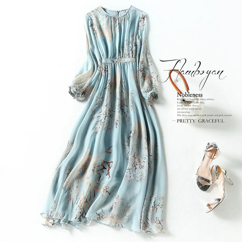 

High Quality Commuter Silk Dress 2021 Spring And Summer New Women's Fashion Sexy Shirt Sleeve Round Neck A-Line Long Skirt