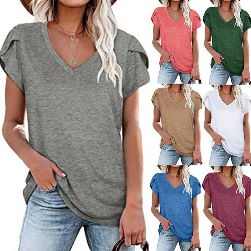 

2022 New Summer Women T-Shirt Short Sleeve Round Neck Solid Color Tops AM4019