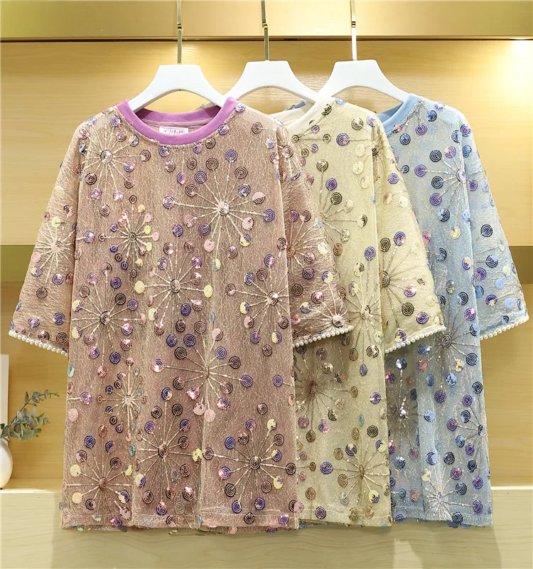 

Ins Hot Women butterflyr Long Sequined T-shirts Lady Bling Bling Shiny Tees Femme Embroidery T-shirts Women Sequins Tops
