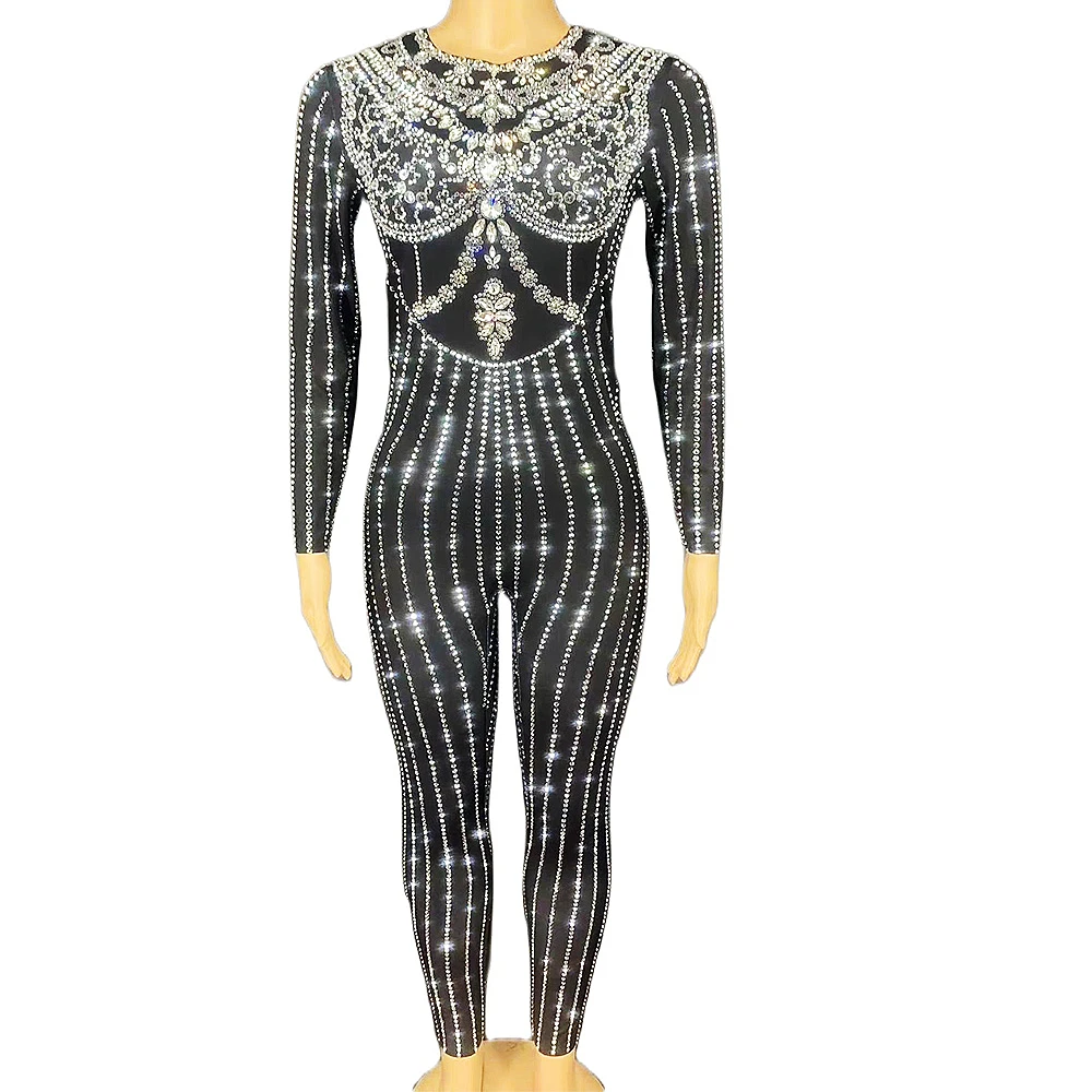 

Shining Studded With Diamonds Tight Stretch Bodysuits Long Sleeve Jumpsuits Evening Prom Outfit Jazz Dance Costume