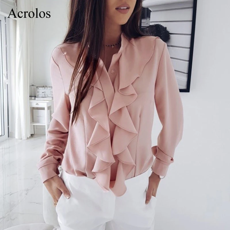 

2020 Spring Autumn Women Solid T Shirt Casual Pink Ruffles Tops Party Girls Blusas Fashion Long Sleeve Shirt
