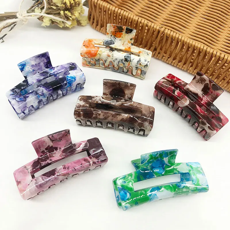 

Korean Vintage Acetate Resin Marble Bohemian Print Hairpins Hair Claws Clamp For Women Geometric Acetate Rectangle Hair Clips