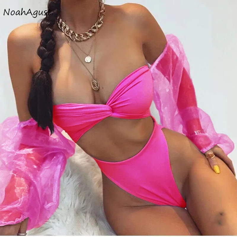 Женский купальный костюм с сетчатым рукавом Бразильское бикини завышенной