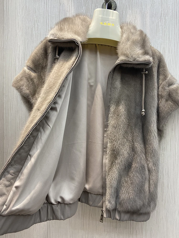 Korea Style Women Winter Thick Warm Real Mink Fur Vest Short Sleeve Mink Fur Zipper Collar Waistcoat enlarge